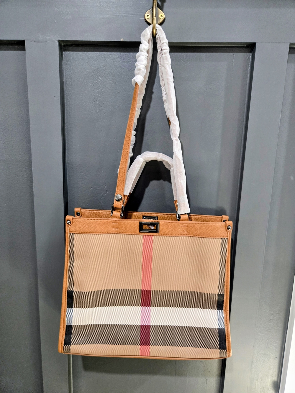 New Classic Plaid Check Shopping Bag Tote Canvas & Pebble Leather Trim